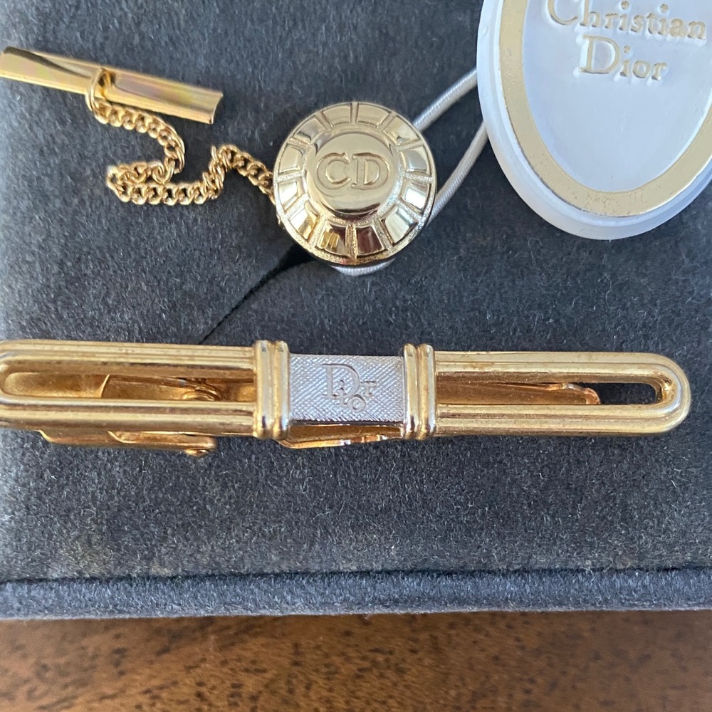 Dior Gold and Silver Tie Clip and Dior Gold Tie Pin with Chain in the box - Picture 3 of 6